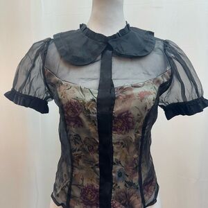 Maeve Sheer Black Mesh Blouse with Floral Bodice